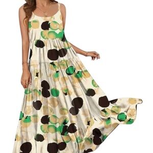 Boho Tiered Maxi Dress Sz S Abstract Print Artsy Pockets Summer Comfort Chic